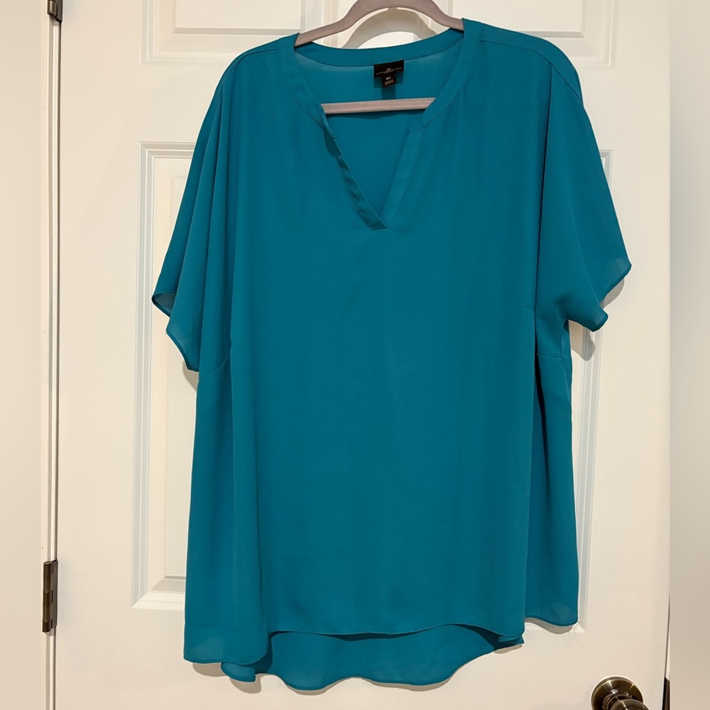 Worthington Blue Asymmetrical Short Sleeve Blouse